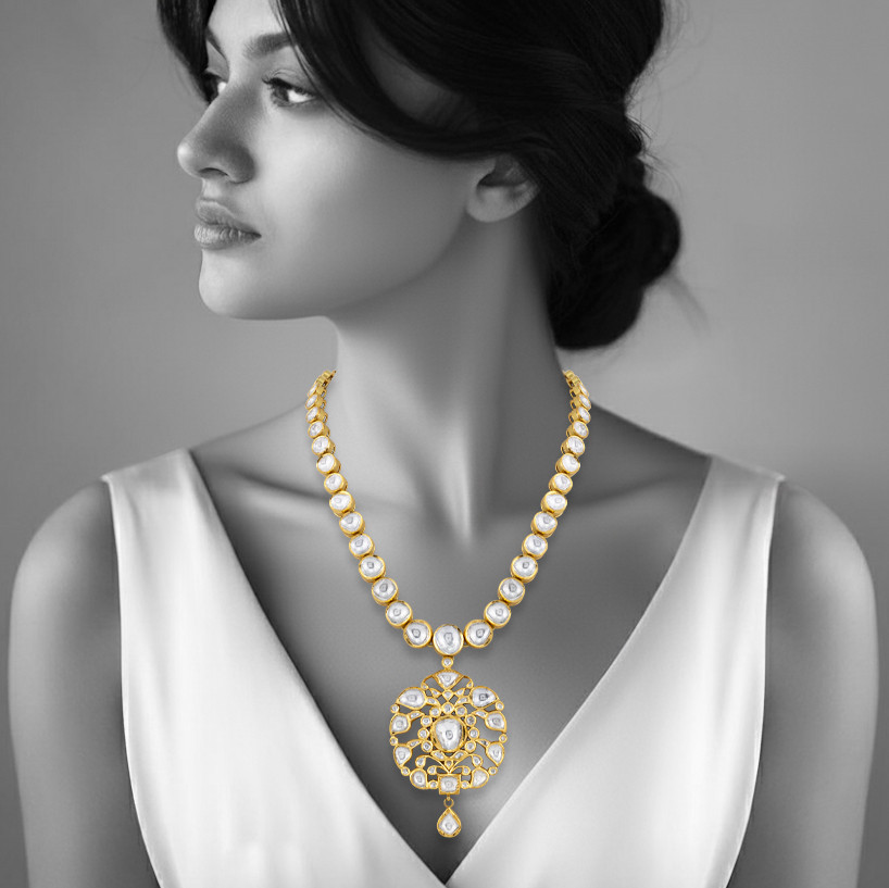 Polki Necklace with Intricate Floral Pendant